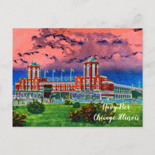 Navy Pier Chicago 1920's Watercolor Art Windy City Postkarte