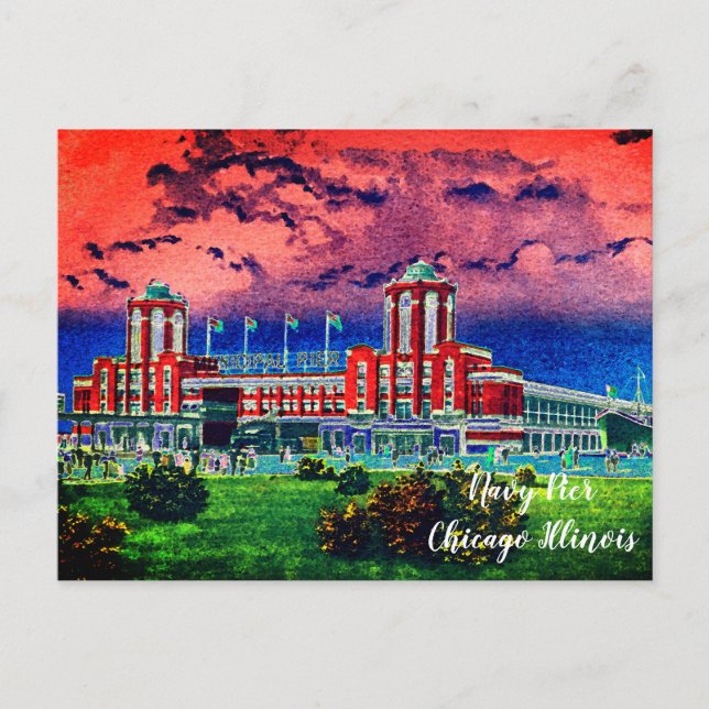 Navy Pier Chicago 1920's Watercolor Art Windy City Postkarte (Vorderseite)