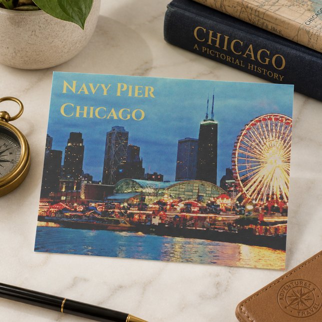 Navy Pier _in night Chicago Postcard Postkarte (Von Creator hochgeladen)