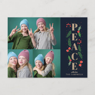 Navy Pine Holly Berries Gold Peace Multiple Foto Feiertagspostkarte