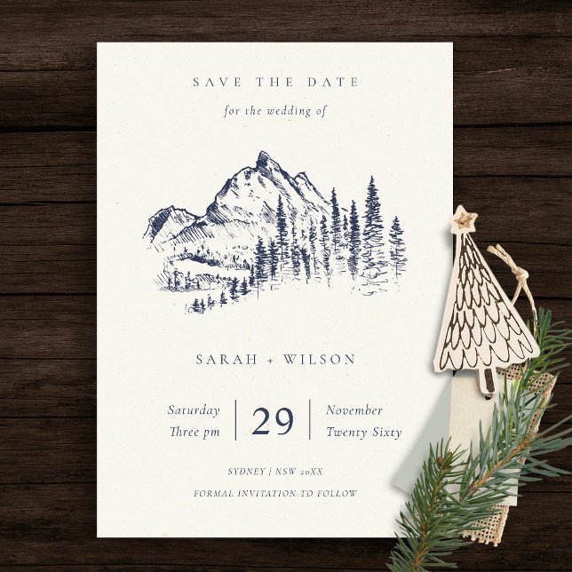 Navy Pine Mountain Sketch Save the Date Karte (Von Creator hochgeladen)