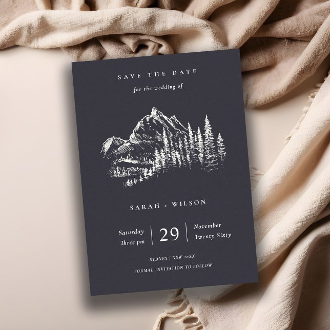 Navy Pine Woods Mountain Sketch Save the Date Kart Dankeskarte (Von Creator hochgeladen)