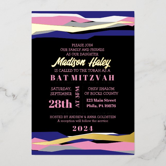 Navy Pink Bar Bat Mitzvah Einladung Gold Foil (Vorderseite)