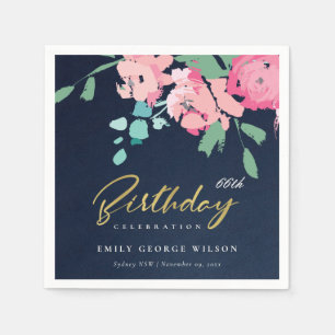 NAVY PINK BLUE GOLD PEONY FLORAL JEDEN ALTER GEBUR SERVIETTE