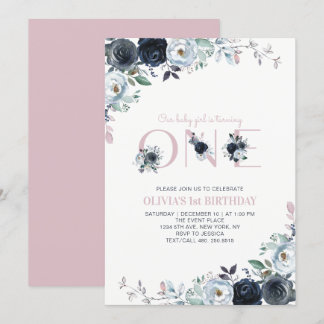 Navy & Pink Boho Floral Girl 1. Geburtstag Party Einladung