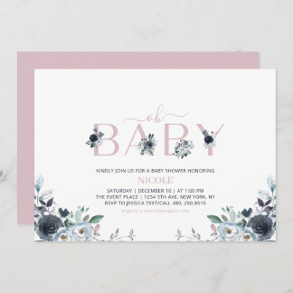 Navy & Pink Boho Floral Girl Babydusche Einladung