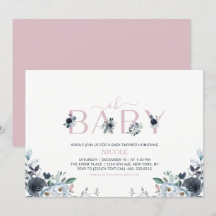 Navy & Pink Boho Floral Mädchen-Baby-Party Einladung