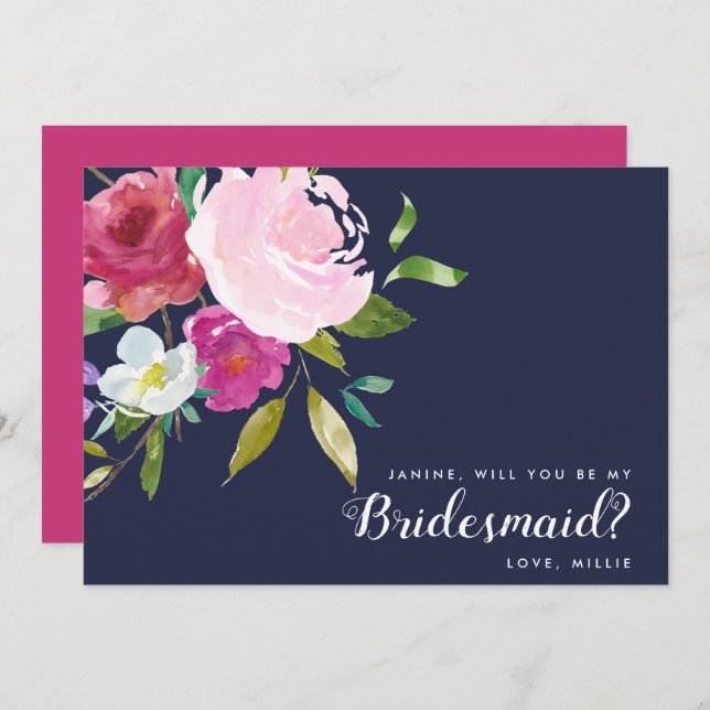 Navy & Pink Bold Floral werden Sie meine Brautjung Einladung (Vorne/Hinten)