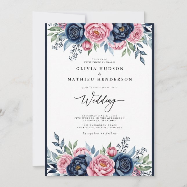 Navy Pink Botanical Bliss Wedding Einladung (Vorderseite)