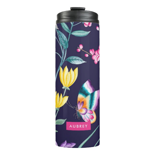 Navy & Pink Chinoiserie Blume Travel Tumbler Thermosbecher (Vorderseite)