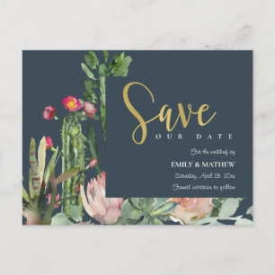 NAVY PINK FLORAL DESERT CACTI FAUNA SAVE THE DATE ANKÜNDIGUNGSPOSTKARTE