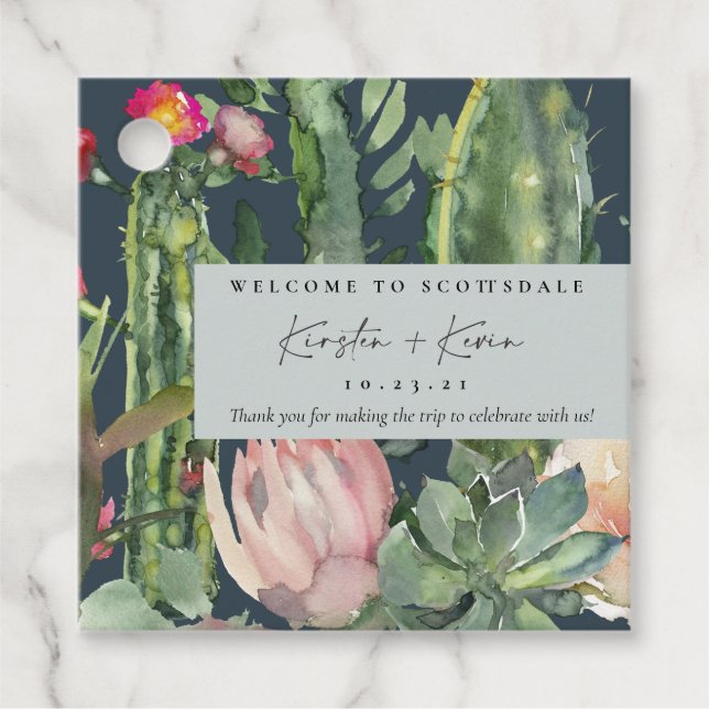 NAVY PINK FLORAL DESERT CACTI FOLIAGE DANKE GESCHENKANHÄNGER (Vorderseite)