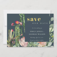 NAVY PINK FLORAL DESERT CACTI FOLIAGE WATERCOLOR