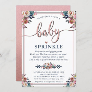 Navy Pink Floral Gender Neutral Baby Sprinkle Gedi Einladung