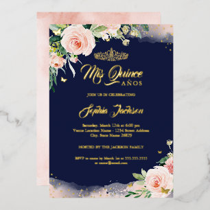 Navy Pink Floral Quinceanera Geburtstag Folieneinladung