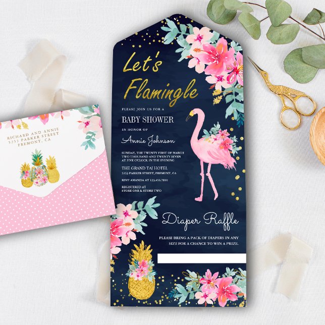 Navy Pink Floral Tropical Flamingo Baby Dusche All In One Einladung (Von Creator hochgeladen)