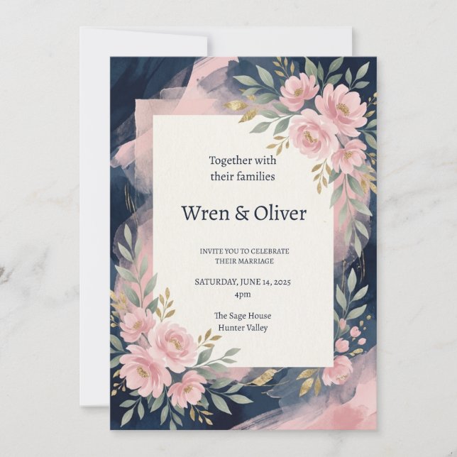 Navy Pink Florale Hochzeit Einladung (Vorderseite)