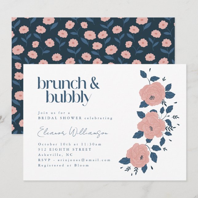 Navy Pink Garden Blume Brunch Bubbly Dusche Einladung (Vorne/Hinten)