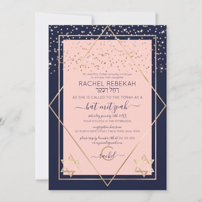 Navy Pink Gold Confetti Border Bat Mitzvah Einladung (Vorderseite)