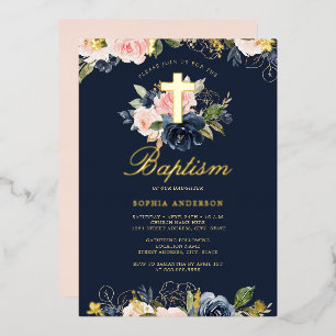 Navy Pink Gold Floral Taufen Folieneinladung