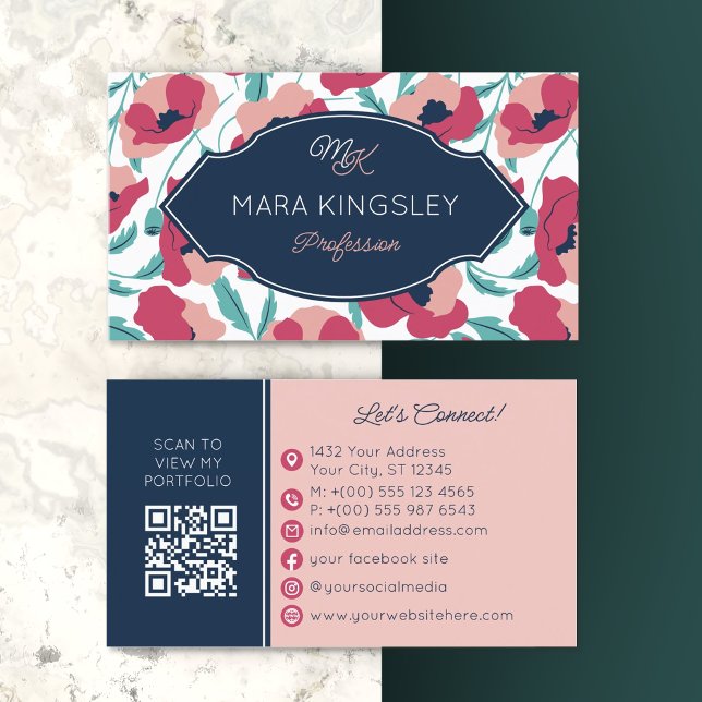 Navy Pink Modernes Mohnmuster Monogramm Visitenkarte (Von Creator hochgeladen)