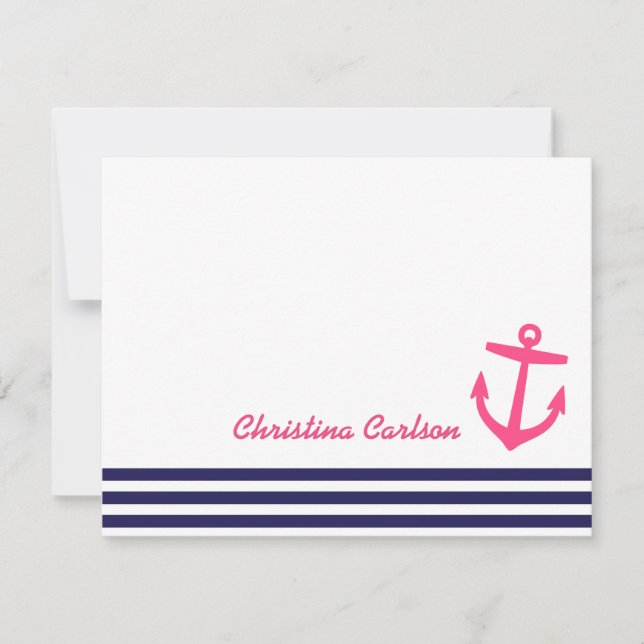 Navy & Pink Nautical Stripes & Anchor Stationierun Mitteilungskarte (Vorderseite)