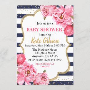 Navy & Pink Peony Floral Baby Dusche Einladung