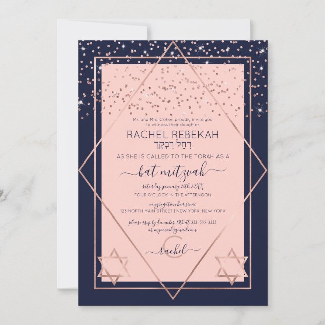 Navy Pink Rose Gold Confetti Border Bat Mitzvah Einladung (Vorderseite)