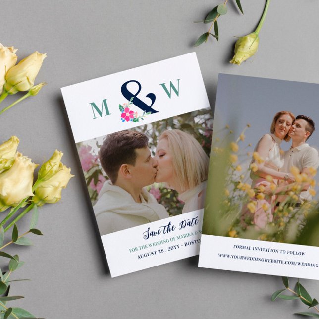 Navy Pink Schönes Blumenambiente und Foto Save The Date (Von Creator hochgeladen)