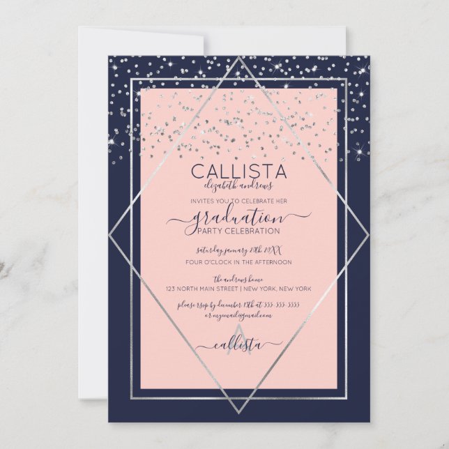 Navy Pink Silver Confetti Border Abschluss Einladung (Vorderseite)
