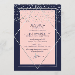Navy Pink Silver Confetti Border Quinceañera Einladung