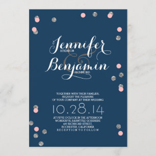 Navy Pink & Silver Confetti Moderne Hochzeit Einla Einladung