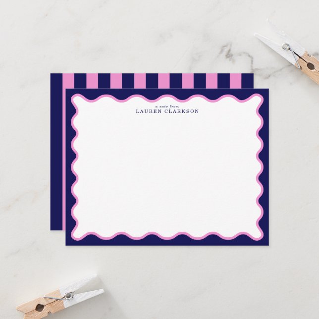 Navy Pink Striped Wavy Frame Note Card Einladung (Vorderseite/Rückseite Beispiel)