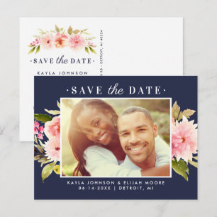 Navy Pink Watercolor Blume Foto Save the Date Ankündigungspostkarte