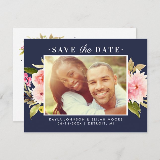 Navy Pink Watercolor Blume Foto Save the Date Ankündigungspostkarte (Vorne/Hinten)