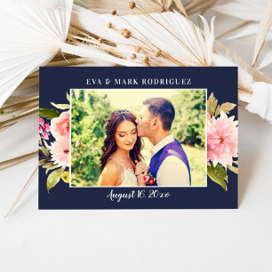 Navy Pink Watercolor Blume Hochzeitsstift Foto Dankeskarte