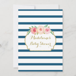 Navy Pink Watercolor Floral Stripes Baby Dusche Einladung