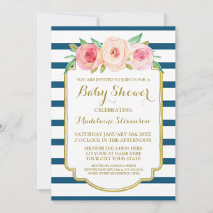 Navy Pink Watercolor Floral Stripes Baby Dusche Einladung