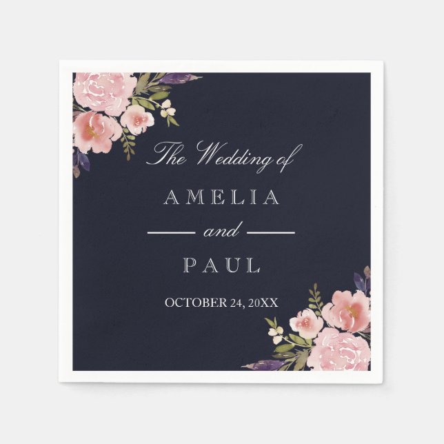 Navy Pink Watercolor Peonies Wedkin Napkin Serviette (Vorderseite)