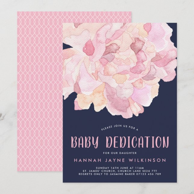 Navy & Pink Watercolor Peony Baby Dedication Einladung (Vorne/Hinten)