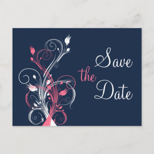 Navy Pink White Floral Save the Date Post Card Ankündigungspostkarte