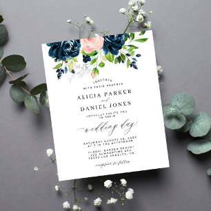 Navy-pinke elegante Blumen-Hochzeitseinladung zum