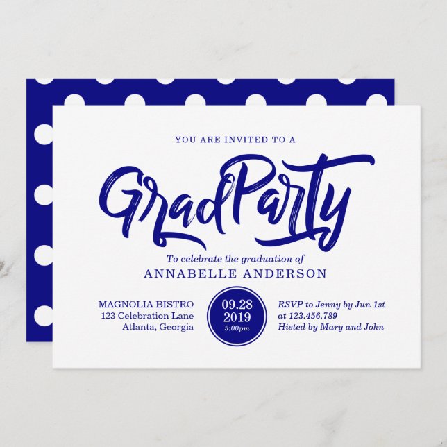 Navy-Pinseltypografie-Polka-Dots-Graduierungsparty Einladung (Vorne/Hinten)