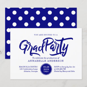 Navy-Pinseltypografie-Polka-Dots-Graduierungsparty Einladung
