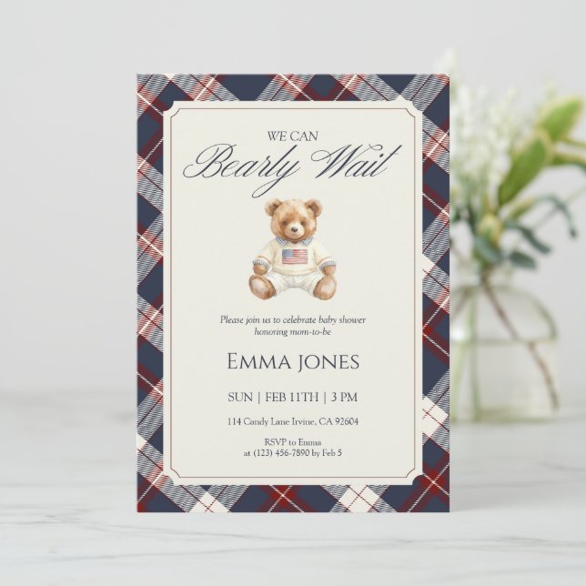 Navy Plaid Teddy Bear Baby Shower Einladung (Stehend Vorderseite)