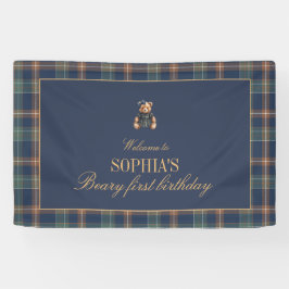 Navy Plaid Teddy Bear Girl Birthday Banner 