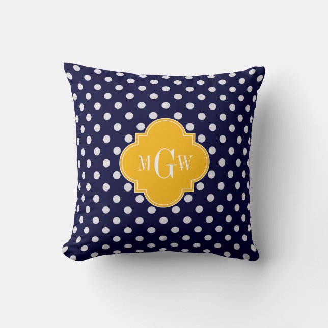 Navy Polka Dot Goldenrod Quatrefoil 3 Monogramm Kissen (Vorderseite)