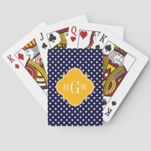 Navy Polka Dot Goldenrod Quatrefoil 3 Monogramm Spielkarten