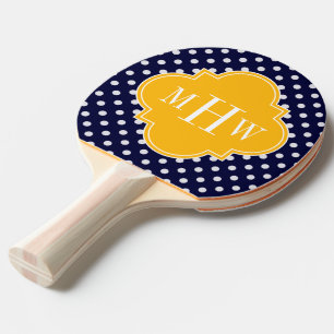 Navy Polka Dot Goldenrod Quatrefoil 3 Monogramm Tischtennis Schläger