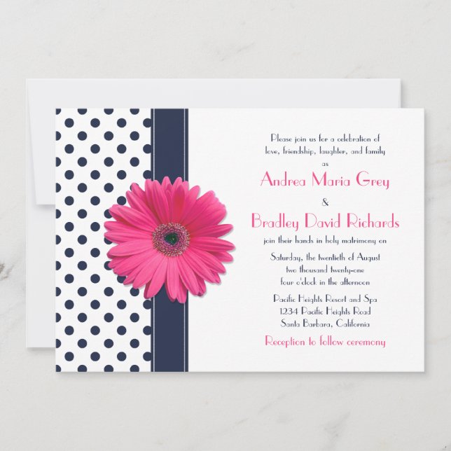 Navy Polka Dot Pink Daisy Wedding Einladung (Vorderseite)